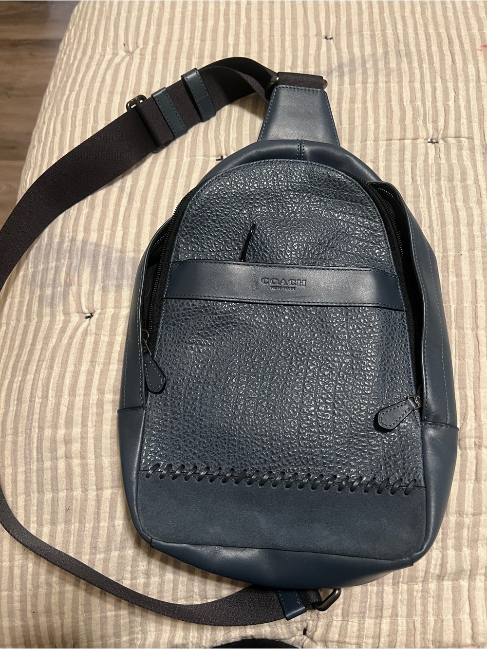 Coach Men's Dark Blue Leather Crossbody Sling Bag